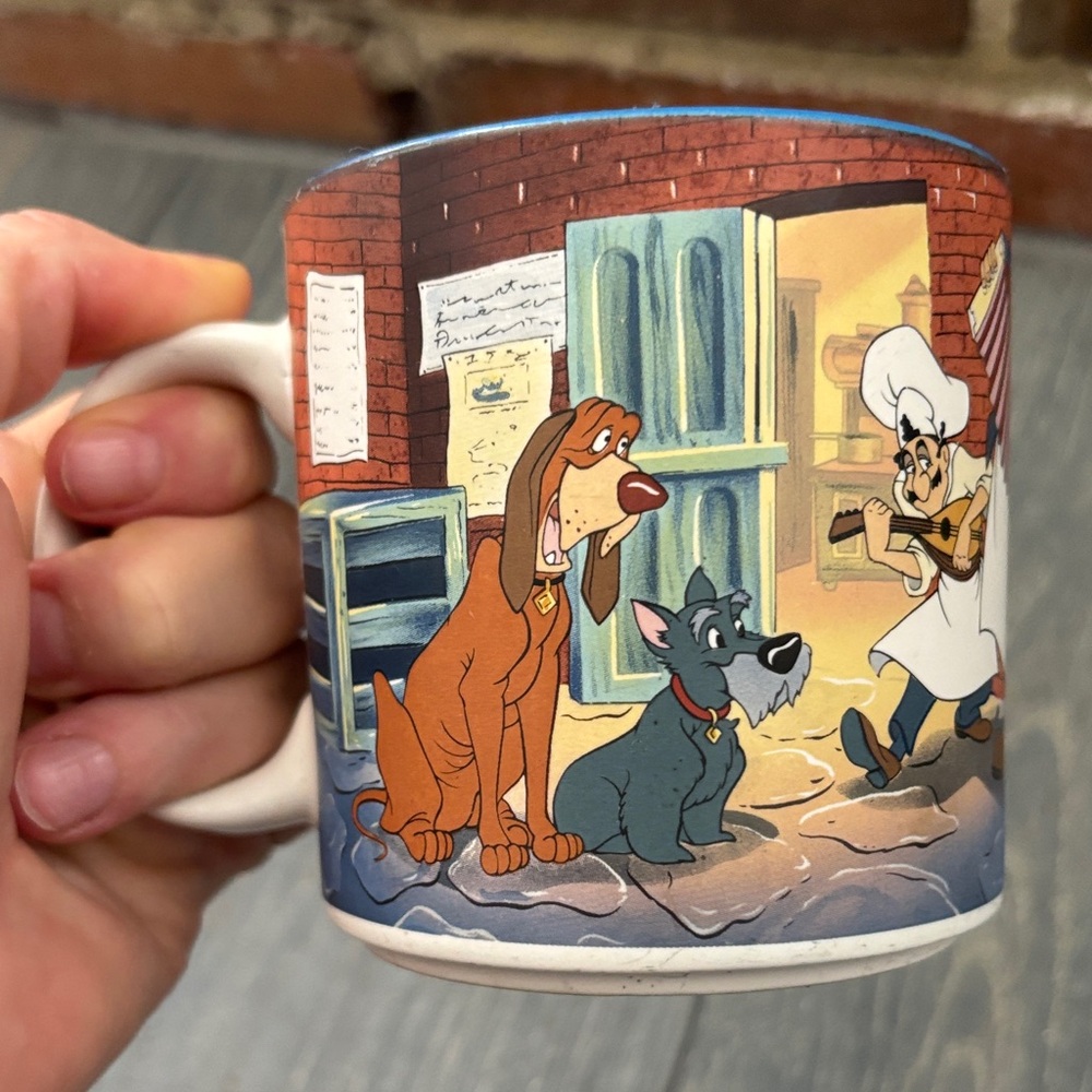 Disney Lady & the Tramp Coffee Cup Mug Spaghetti Jock Trusty Tony Joe Blue 90's